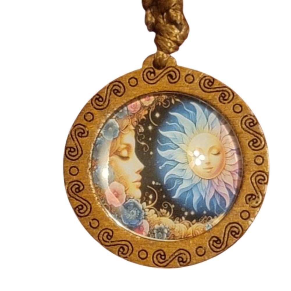 Sun & Moon Celestial Pendant Necklace | Wooden Medallion Spiritual Art Jewelry